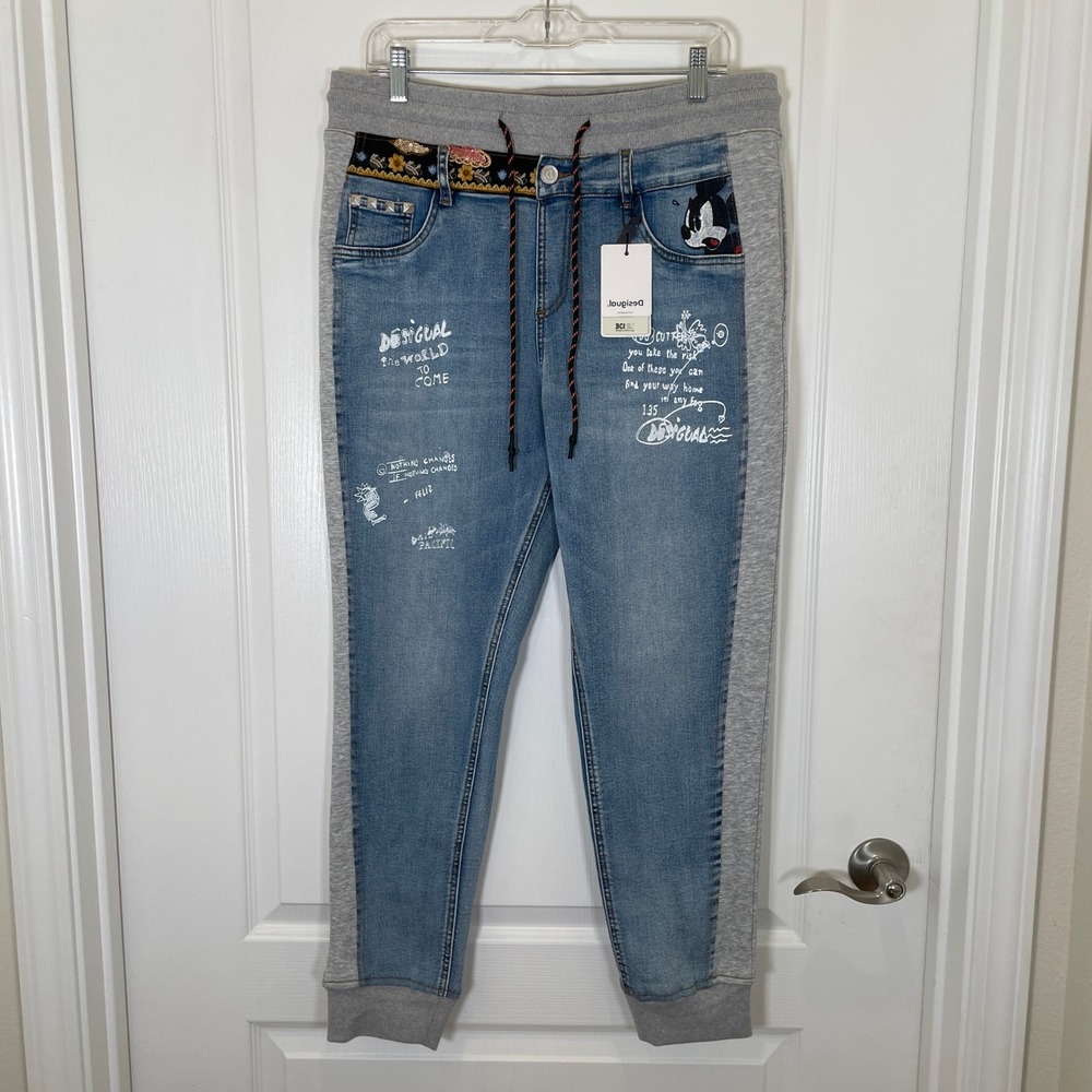 Desigual x Disney Mickey Mouse Hybrid Denim Jogger Jeans Blue Grey NWT XL - Picture 3 of 13